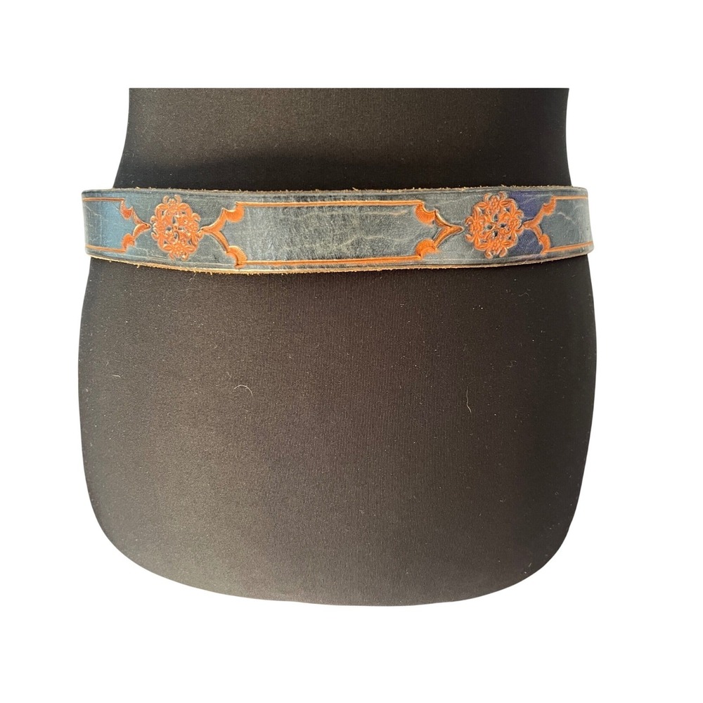 Steve Haymaker Vintage 70s Tooled Leather Belt Blue Floral Western Boho 35in